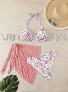 Swim Mod Plus Size Women 3pcs Random Print Cami, Triangle Bra, Tie Front Tankini Top & Mini Skirt, Fashion Casual Beach Swimwear Set For Summer Beach Vacation - Pink - View 1