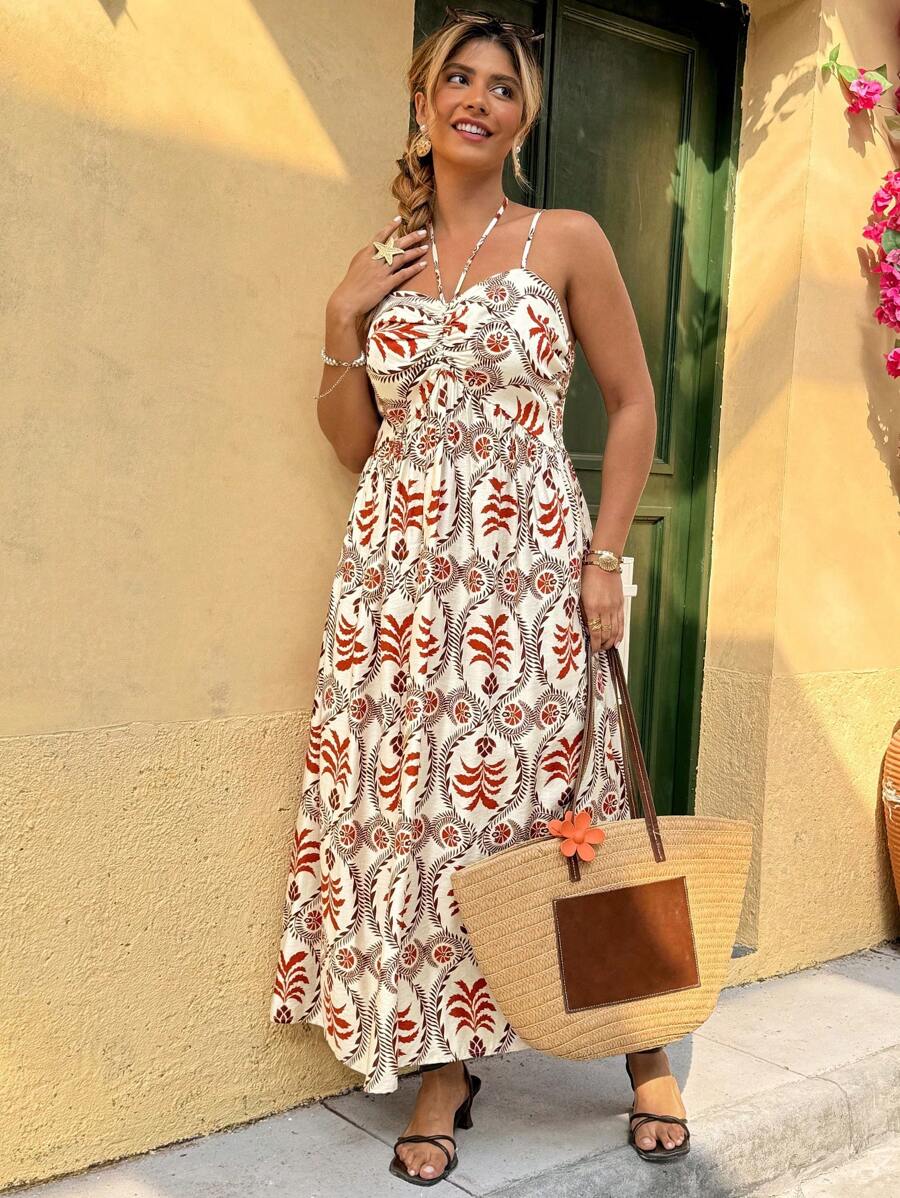 Breezaya Plus Size Women's French Elegant Casual Vacation Music Festival Print Fabric Halter Waist Fit Flare Dress, Spring/Summer - Multicolor - View 1