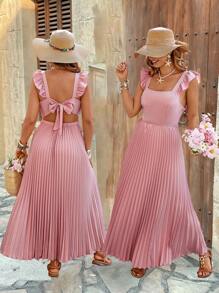 SHEIN Clasi Plus Size Women's Elegant Square Neck Bow Pleated Dress, Spring/Summer - Dusty Pink - View 8