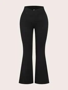 SHEIN EZwear 两件套加大码黑色和灰色腰部交叉设计修身休闲喇叭裤套装 - 彩色 - 查看 6