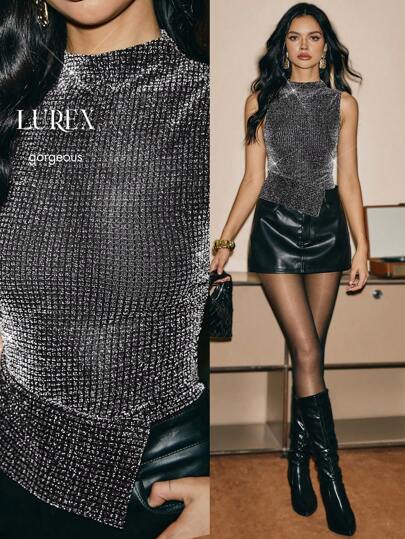 Poéselle Women's Elegant Fashion Party Asymmetric Hem Glitter Camisole Black Sparkly Topblack Sequin Top