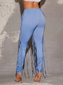 Vixey Asymmetrical Waist Fringe Detail Skinny Pants, Spring Summer For Women, Streetwear For Women - Blue - View 3