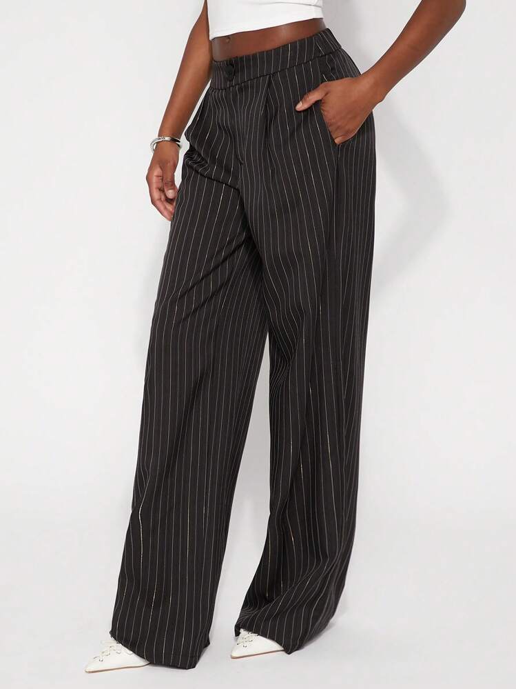 NYA SZN Quần dài ống rộng kẻ sọc mùa xuân, thích hợp cho lễ hội, hè, công sở, tiệc brunch, đi làm, dự tiệc cưới, sự kiện đặc biệt, lễ hội hóa trang dành cho nữ. - màu đen - Xem 6
