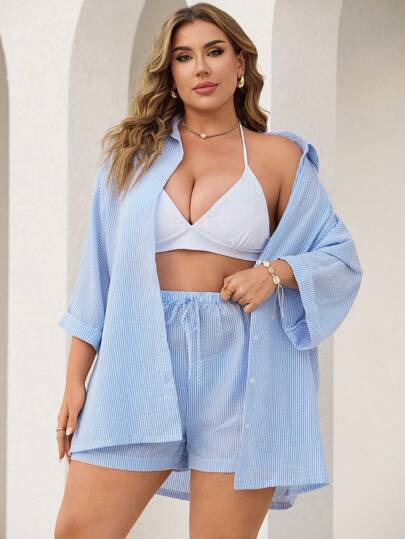 Swim Lushoire 女士两件套蓝白条纹七分袖罩衫和短裤夏季海滩休闲大码罩衫度假