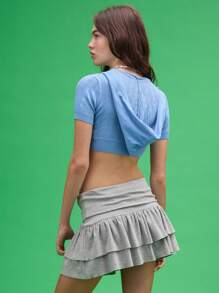 COUREZ Áo hoodie tay ngắn ôm sát, khóa kéo, kiểu dáng chấm bi, phong cách Y2K cổ điển. - Màu xanh lam - Xem 3