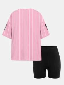 SHEIN Leap Crew 2 件套青少年女孩休闲粉色运动风格数字印花短袖宽松 T 恤和紧身裤套装，适合夏季 - 彩色 - 查看 2