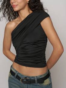 Easelle Women's Black Knit Ruched Slim One-Shoulder T-Shirt - Multicolor - View 7