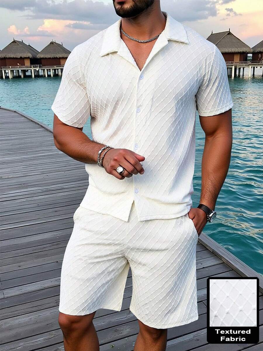 Manfinity Homme Simple Solid Color Texture Shirt And Shorts Set, Casual And Fashionable For Daily Wear - Apricot - View 1