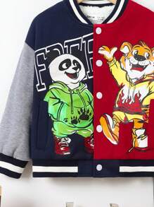 Cute And Comfortable Cartoon Animal Pattern Contrast Stitching Thermal Lined Jacket For Boys - Navy Blue - View 4