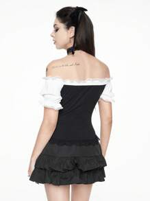 ROMWE Goth Off-Shoulder Puff Sleeve Form-Fitting Lace Splice Mock-Layer Top - Black - View 3