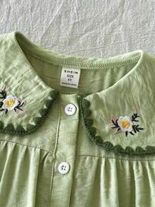 Vintaside Kids Young Girl Floral Embroidered Sleeveless Casual Dress With Peter Pan Collar - Olive Green - View 8