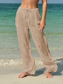 Swim Vcay Quần Palazzo thiết kế túi bên hông thắt lưng màu trơn cho nữ đi nghỉ - Màu Khaki - Xem 4