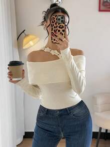 SHEIN Privé New Elegant & Simple Apricot Open Shoulder 3D Floral Decor Waist Loose Long Sleeve Sweater - Apricot - View 4