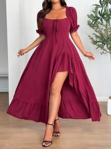 Breezaya Vestido midi elegante con volantes en el bajo y nudo delantero para mujer de talla grande de unicolor