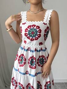 Breezaya 女装春夏休闲沙滩度假撞色复古印花蕾丝装饰无袖大码多层拼接连衣裙