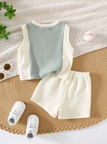 Baby Boy Letter Seal Contrast Color Knitted Soft Round Neck Wide Strap Pullover Top Elastic Waist Shorts Two-Piece Set