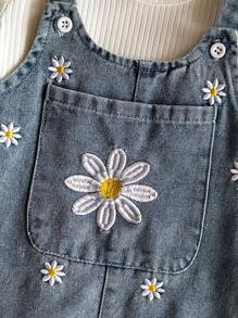 SHEIN Baby Girls White And Blue Floral Denim Cami Dress Set,Cute Short-Sleeved Knitted Top&Open Crotch Denim Effect Suit For Autumn Picnic,Spring Summer - Multicolor - View 7