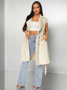 SHEIN SXY Early Spring Elegant Commuting Solid Khaki Double-Breasted Lace-Up Sleeveless Trench Coat