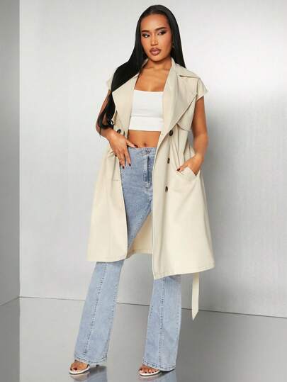 SHEIN SXY 早春优雅通勤纯色卡其色双排扣系带无袖风衣