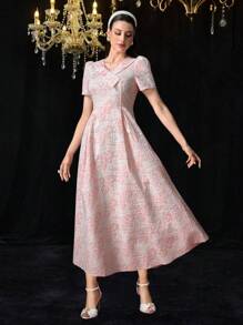 Modelyn Đầm nữ cổ chữ V tay ngắn họa tiết thanh lịch - trái cam - Xem 7