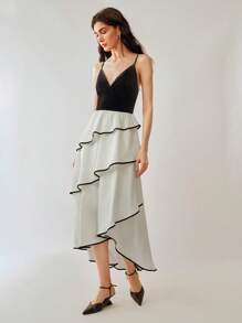 Chiquease Women Velvet Patchwork Contrast Color Tiered Midi Dress