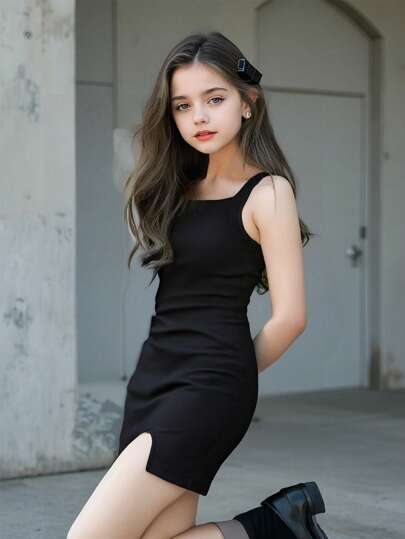 Sparklyn 青少年女孩休闲百搭运动宽肩带方领修身针织迷你连衣裙