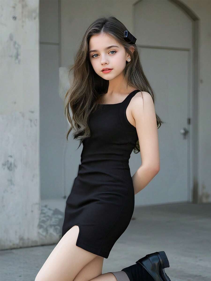 Sparklyn 青少年女孩休闲百搭运动宽肩带方领修身针织迷你连衣裙 - 黑色 - 查看 1