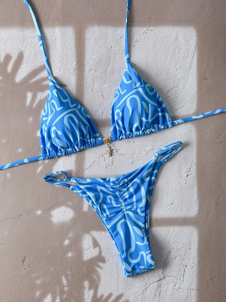 Swim Vcay Bộ bikini hở lưng họa tiết hoa ngẫu nhiên trang trí kim loại mùa hè cho nữ - Nhiều màu - Xem 1