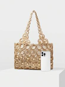 MOTF PREMIUM FASHIONABLE VACATION HOLLOW-OUT BEADED DETAIL SHOULDER BAG, ELEGANT BAG - Camel - View 4