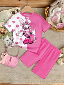 SHEIN 2pcs Young Girls Casual Rabbit Print Short Sleeve T-Shirt And Shorts Set, Comfortable & Minimalist Design, Suitable For Spring & Summer