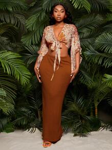 SHEIN SXY Set de 2 piese pentru femei plus size, cu top cu mâneci liliac și fustă tricotată, potrivit pentru ținute de zi cu zi, vacanță la plajă, întâlniri romantice, ziua de naștere, petrecere a burlacilor, drăguț, casual, cumpărături, streetwear, ieșiri în oraș, ușor de asortat și arată supl, îți accentuează corpul, flatează silueta - Portocale - Vizualizare 5