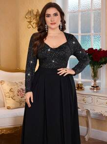 Modelyn Elegant Silver Foil Sweetheart Neck Long Sleeve Slim Fit Top And Elastic Waist A-Line Skirt 2 Pieces Set For Plus Size, Spring Autumn - Black - View 3