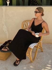 Livesso 女士串珠纯色吊带露背连衣裙，休闲度假风春夏连衣裙 - 黑色 - 查看 7