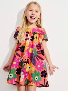 SHEIN Young Girl Floral Print Round Neck Loose Fit Short Sleeve Dress, Vacation Style