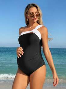 SHEIN Maillot de bain élégant et classique en noir et blanc pour femme enceinte, à porter en vacances à la plage en été