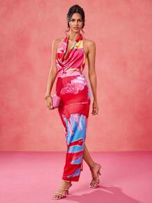 Eva Novielli 设计师抽象花卉印花吊带垂领露背弹力针织夏季超长太阳裙，热带风情，女士海滩，音乐会，优雅，度假，西装，波西米亚风，音乐会服装舞会礼服婚礼早午餐服装茶会礼服狂欢服装 - 彩色 - 查看 5