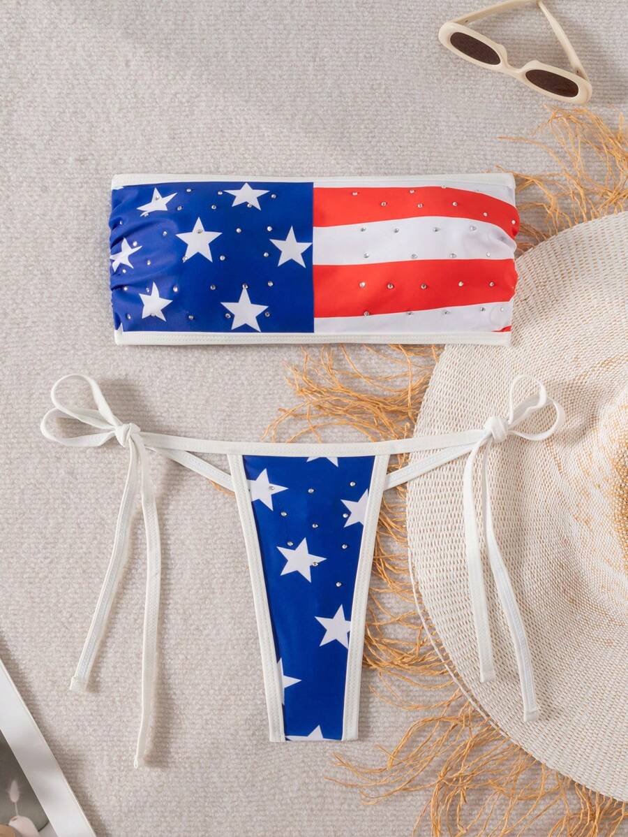 Swim Vcay Women's Stars & Stripes USA Flag Print 4th Of July Swimwear Bandeau Bikini Set For Summer Beach Vacation - Multicolor - View 1