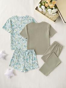 Conjunto de pijama de 4 peças com Top de manga curta e calça, estampa floral, malha texturizada nervurada, confortável, para meninas pré-adolescentes - Multicolorido - Visão 2