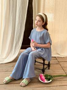 LMoss Kids LMoss Tween Girl Solid Color Woven Pullover Shirt Top And Loose Fit Pants 2 Pieces Set