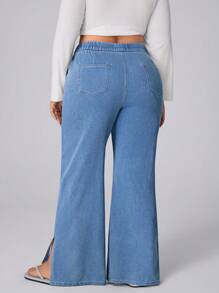 Flexra Plus Size Women Loose Stretchy Knit Denim Waistband Straight Leg Pants Apple Bottom Jeans - Blue - View 2