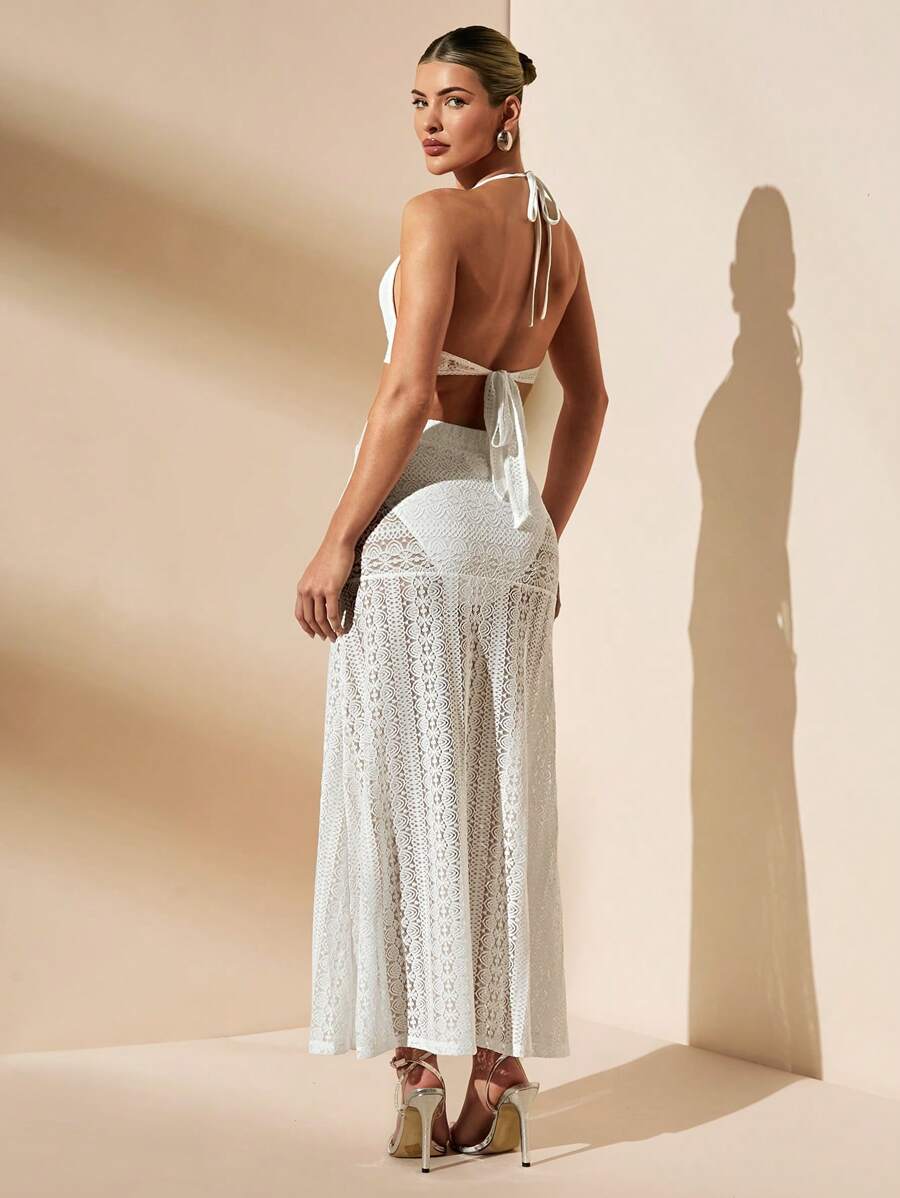 SHEIN BAE Bộ đồ đi nghỉ chữ A ren dây trắng xuyên thấu dành cho nữ - trắng - Xem 1