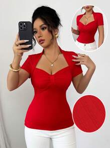 Chiquease 女士性感优雅派对及节日红色蝴蝶结装饰修身高弹柔软亲肤百搭短袖百搭 T 恤 - 紅色 - 查看 4