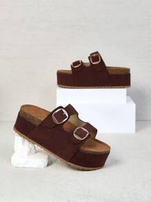 SHUZIA 女士新款坡跟厚底一脚蹬凉鞋，舒适简约休闲露背拖鞋春季鞋春假复活节度假鞋休闲鞋沙滩鞋母亲节礼物 - 咖啡棕 - 查看 2