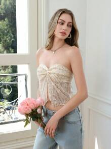 SHEIN EZwear 女士亮片装饰简约修身休闲吊带背心 - 米色 - 查看 3