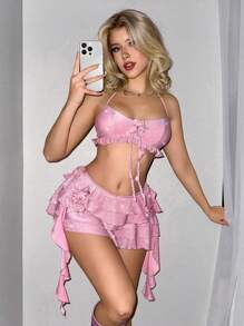 Sweetina Floral Ruffle Detail Bikini And Low Waist Tiered Shorts Set - Pink - View 4