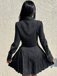 INAWLY Striped Print Crop Shirt & Pleated Skirt Fall Cloth For Women - Black - View 2