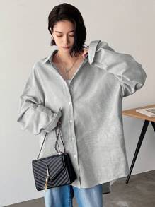 FRIFUL 女士条纹落肩长袖单排扣休闲衬衫