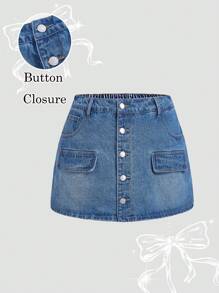 SHEIN MOD Plus Size Blue Denim Skorts, Casual Overlapping Skort Summer Vacations Woman 90s Clothes Springs For Women Y2k Clothes Cowgirls For Women Rave Spring Breaks Going Outs Streetwear 2000s Style Date Night Women Concert Women Going Outs Beach For Woman Boho Ibiza Fits Festivals For Women Button - Blue - View 1