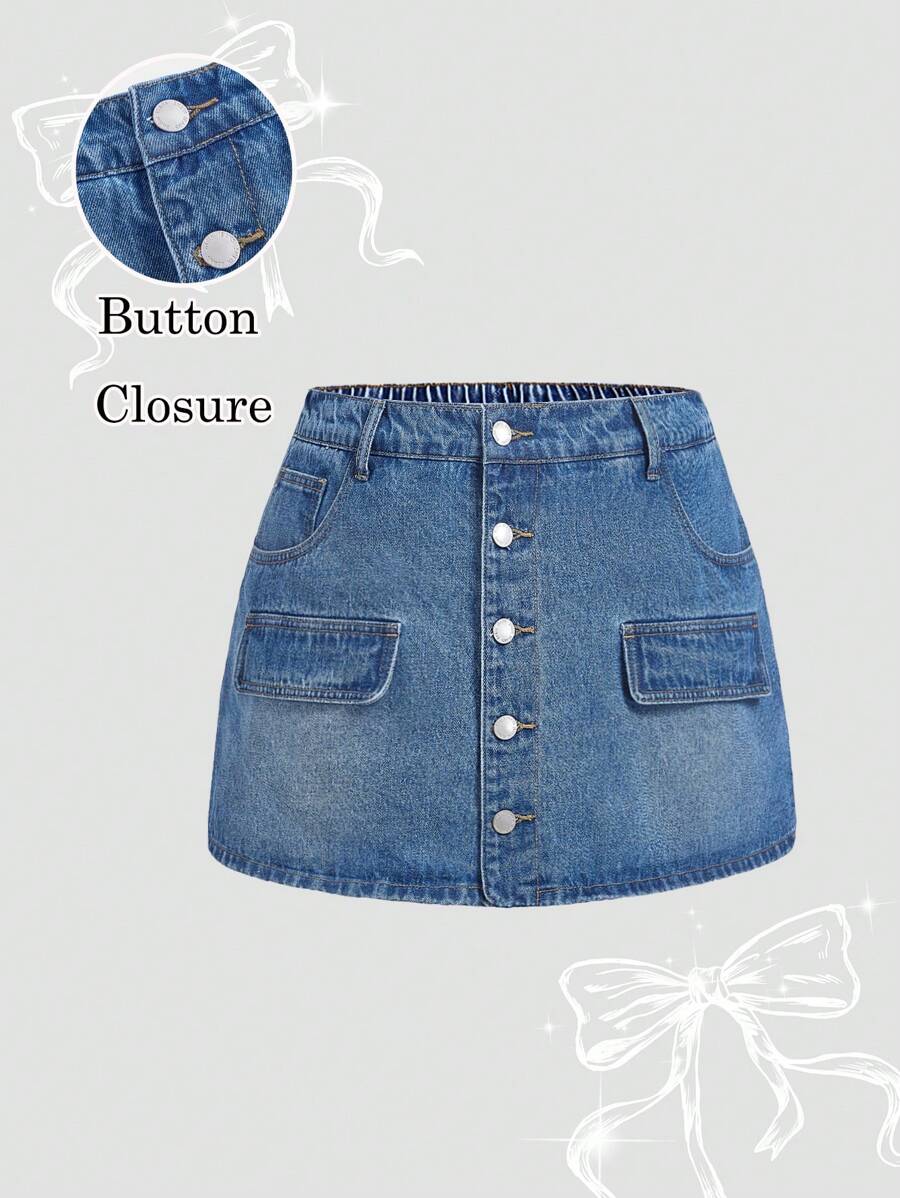 SHEIN MOD Plus Size Blue Denim Skorts, Casual Overlapping Skort Summer Vacations Woman 90s Clothes Springs For Women Y2k Clothes Cowgirls For Women Rave Spring Breaks Going Outs Streetwear 2000s Style Date Night Women Concert Women Going Outs Beach For Woman Boho Ibiza Fits Festivals For Women Button - Blue - View 1