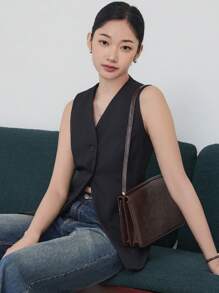 DAZY Chaleco casual sin mangas con botones delanteros para mujer, blazers entallados para mujer